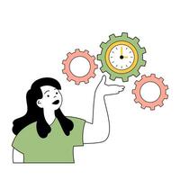 Time management concept with cartoon people in flat design for web. Woman making process gear optimization and work organization. Vector illustration for social media banner, marketing material.