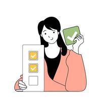 Time management concept with cartoon people in flat design for web. Woman works at tasks with checklist and puts checkboxes in list. Vector illustration for social media banner, marketing material.