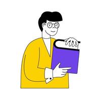 Book reading concept with cartoon people in flat design for web. Man holding big dictionary or encyclopedia, learning with textbook. Vector illustration for social media banner, marketing material.