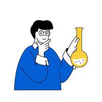 Science laboratory concept with cartoon people in flat design for web. Scientist making chemical research of liquid in test tube. Vector illustration for social media banner, marketing material.