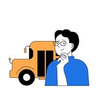 School learning concept with cartoon people in flat design for web. Student going to class and using school bus for transportation. Vector illustration for social media banner, marketing material.