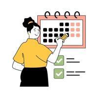 hora administración concepto con dibujos animados personas en plano diseño para web. mujer planificación personal flujo de trabajo y Tareas con calendario y lista. vector ilustración para social medios de comunicación bandera, márketing material.