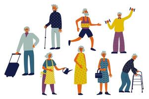 Elderly people set in flat character design for web. Bundle persons of different aged women and men traveling, exercising, doing daily routine, disabled human walking with cane. Vector illustration.