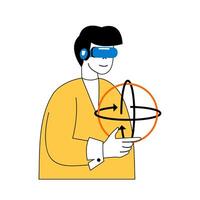 Virtual reality concept with cartoon people in flat design for web. Man in VR headset interacting with 360 degrees arrow rotate around. Vector illustration for social media banner, marketing material.