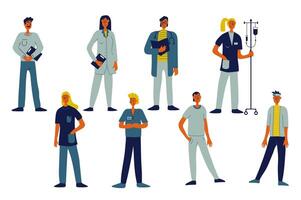 Medical staff people set in flat character design for web. Bundle persons of different women and men work as doctors, nurses, surgeons, paramedics, dentists, therapists, other. Vector illustration.