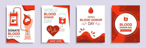 donar sangre y salvar vive cubrir folleto conjunto en plano diseño. póster plantillas con gotas, cuentagotas y mano, corazón con latidos del corazón, otro símbolos de donación y sangre donante día. vector ilustración.