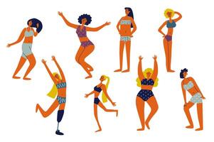 Body positive people set in flat character design for web. Bundle persons of different figure types. Women in swimsuits and underwear with fat or skinny body, prosthetic leg. Vector illustration.