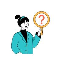 Mental health concept with cartoon people in flat design for web. Woman with magnifier searching answers for psychological questions. Vector illustration for social media banner, marketing material.