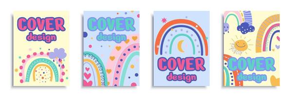 Cute rainbows cover brochure set in flat design. Poster templates with hand drawn doodle arcs with hearts, sun, moon, rainy clouds and colorful elements in scandinavian style. Vector illustration.