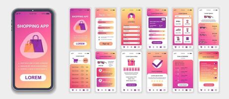 Shopping mobile app interface screens template set. Account login, credit card, assortment shop, goods basket, customer feedback. Pack of UI, UX, GUI kit for application web layout. Vector design.