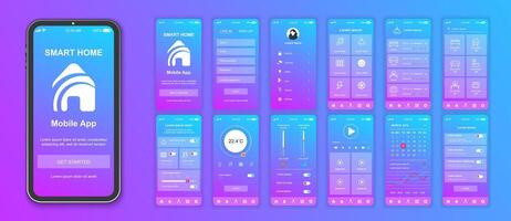 Smart home mobile app interface screens template set. Online account, monitoring thermostat and electricity, automation management. Pack of UI, UX, GUI kit for application web layout. Vector design.