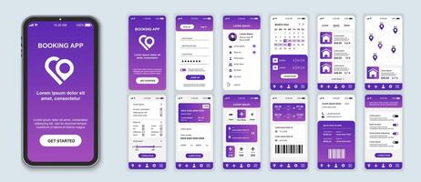 Booking mobile app interface screens template set. Online account, login, hotel or flight ticket order, location at map, settings. Pack of UI, UX, GUI kit for application web layout. Vector design.