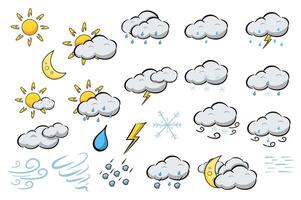 Weather symbols mega set in flat design. Bundle elements of sun, moon, clouds with rain, lightnings, snow, wind, thunderstorm, cute meteorology pictograms. Vector illustration isolated graphic objects