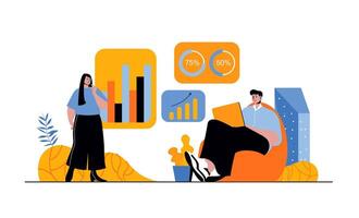 Data analysis web concept with people in flat cartoon design. Woman and man working with big data, make reports and auditing business. Vector illustration for social media banner, marketing material.