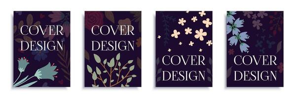 Flowers and plants cover brochure set in flat design. Poster templates with dark wildflowers, abstract daisy, herbs, leaves on twigs and branches. Elegant blossom bouquets cards. Vector illustration.