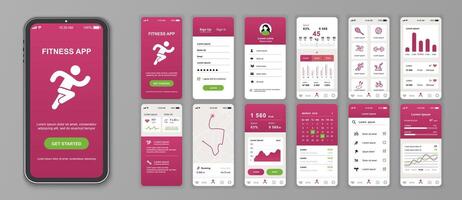 Fitness mobile app interface screens template set. Online account, weight statistic, sport trainings list, heartbeat, calorie, map. Pack of UI, UX, GUI kit for application web layout. Vector design.