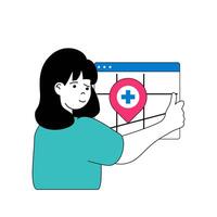 médico concepto con dibujos animados personas en plano diseño para web. mujer trabajos como enfermero, consultante pacientes, dando ubicación habla a a mapa. vector ilustración para social medios de comunicación bandera, márketing material.