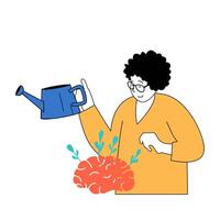 Mental health concept with cartoon people in flat design for web. Woman watering brain with love and care, growing plants of harmony. Vector illustration for social media banner, marketing material.