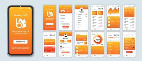 Banking mobile app interface screens template set. Online account, balance, financial statistics, credit card management, analytics. Pack of UI, UX, GUI kit for application web layout. Vector design.