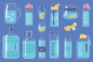 Water bottles mega set in flat design. Bundle elements of jars, coolers, cups and mugs with lemon and ice cubes, plastic and glasses containers for liquid. Vector illustration isolated graphic objects