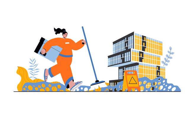 Cleaning service web concept with people in flat cartoon design. Woman with mop and box makes professional cleanup for office or house. Vector illustration for social media banner, marketing material.