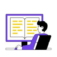 Book reading concept with cartoon people in flat design for web. Man reads e-book at computer screen, researching electronic textbooks. Vector illustration for social media banner, marketing material.