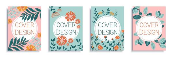 Flowers and plants cover brochure set in flat design. Poster templates with abstract wildflowers, herbs, leaves on twigs and blossoms on branches. Spring blossom bouquets frames. Vector illustration.