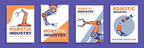 Robotic industry cover brochure set in flat design. Poster templates with automatic manufacture robotic arms for industrial process and manufacturing processes at modern factory. Vector illustration