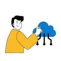 Cloud computing concept with cartoon people in flat design for web. Man using cloud storage platform and sharing access links. Vector illustration for social media banner, marketing material.