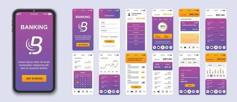 Banking mobile app interface screens template set. Account login, balance of credit card management, currency exchange, dashboards. Pack of UI, UX, GUI kit for application web layout. Vector design.