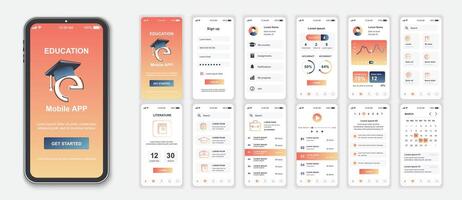 Education mobile app interface screens template set. Online account, progress statistic, lessons list, tutorial platform, calendar. Pack of UI, UX, GUI kit for application web layout. Vector design.