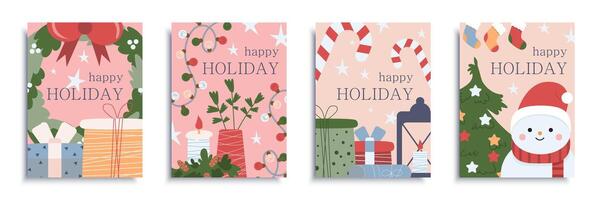 Happy holiday cover brochure set in flat design. Poster templates with festive decor, wreath, gifts, light garlands, lantern, candies, tree with toys, snowman in Santa Claus hat. Vector illustration.