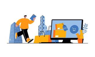 compras web concepto con personas en plano dibujos animados diseño. hombre haciendo compras y ordenando en línea, pago y utilizando entrega servicio. vector ilustración para social medios de comunicación bandera, márketing material.