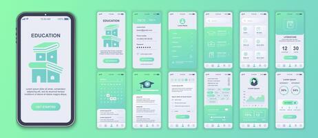 Education mobile app interface screens template set. Account login, learning list at platform, literature lesson, progress data. Pack of UI, UX, GUI kit for application web layout. Vector design.