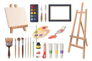 Art tools mega set in flat design. Bundle elements of painting canvas, watercolor or acrylic paints, spatulas, easel, palette, brushes, pencils and other. Vector illustration isolated graphic objects