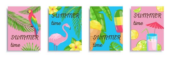 Summertime resort cover brochure set in flat design. Poster templates with palm tree leaves, parrot and flamingo, plumeria flowers, ice creams, cocktail with lemon and lime. Vector illustration.