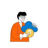 Cloud computing concept with cartoon people in flat design for web. Man using online streaming platform for listening music and audio. Vector illustration for social media banner, marketing material.