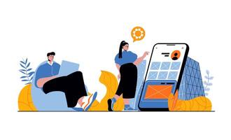 App development web concept with people in flat cartoon design. Man and woman creating and engineering user interface of mobile screen. Vector illustration for social media banner, marketing material.