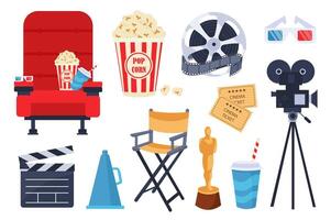 Cinema mega set in flat cartoon design. Bundle elements of red chair, popcorn cup, 3d glasses, reel with movie tape, video camera, clapperboard and other. Vector illustration isolated graphic objects