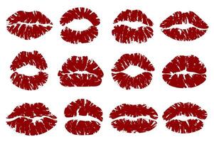 Beso labios huellas dactilares mega conjunto en plano diseño. haz elementos de rojo hembra lápiz labial formas y boca siluetas con grunge cepillo textura para romántico decoración. vector ilustración aislado gráfico objetos