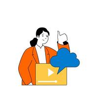 Cloud computing concept with cartoon people in flat design for web. Woman using online storage backup for video files and archives. Vector illustration for social media banner, marketing material.