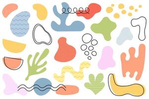 Abstract shapes and bubbles mega set in flat cartoon design. Bundle elements of colorful doodle wavy blobs, irregular decorative blobs with line borders. Vector illustration isolated graphic objects