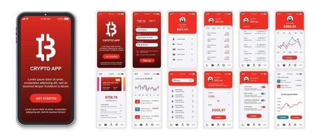 Crypto mobile app interface screens template set. Online account, data analysis, earnings statistics, trading, currency exchange. Pack of UI, UX, GUI kit for application web layout. Vector design.