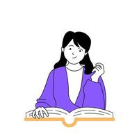 Education concept with cartoon people in flat design for web. Student reading book or textbook in library and getting knowledges. Vector illustration for social media banner, marketing material.