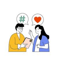 Social network concept with cartoon people in flat design for web. Woman and man discussing liking posts and popular hashtag trends. Vector illustration for social media banner, marketing material.