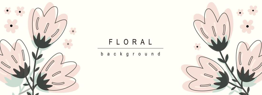 Floral horizontal web banner. Abstract pink flowers bouquets with leaves on white background. Romantic blossoms backdrop. Vector illustration for header website, cover templates in modern design