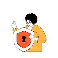 Cyber security concept with cartoon people in flat design for web. Woman uses security system with padlock shield for saving data. Vector illustration for social media banner, marketing material.