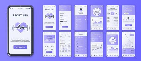 Fitness mobile app interface screens template set. Account login, calorie tracking, sport trainings list, weight data, calendar, map. Pack of UI, UX, GUI kit for application web layout. Vector design.