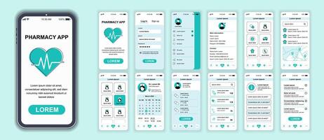 Pharmacy mobile app interface screens template set. Account login, clinic services, visit doctor, calendar, medicines shop ordering. Pack of UI, UX, GUI kit for application web layout. Vector design.