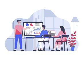 Startup team concept with cartoon people in flat design for web. Colleagues working at project, brainstorming and teamwork process. Vector illustration for social media banner, marketing material.